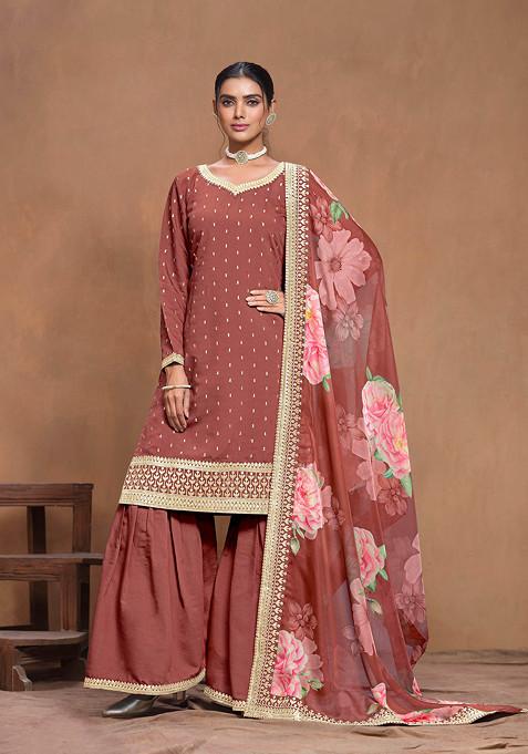 Brown Thread Embroidered Work Roman Silk Sharara Set