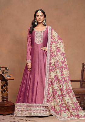 Hot Pink Thread Embroidered Work Art Silk Anarkali Set