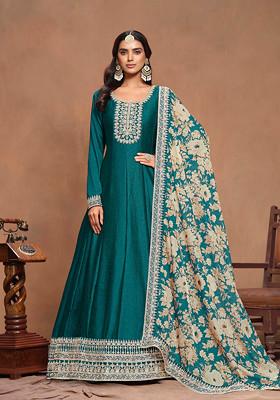 Teal Thread Embroidered Work Art Silk Anarkali Set With Dupatta