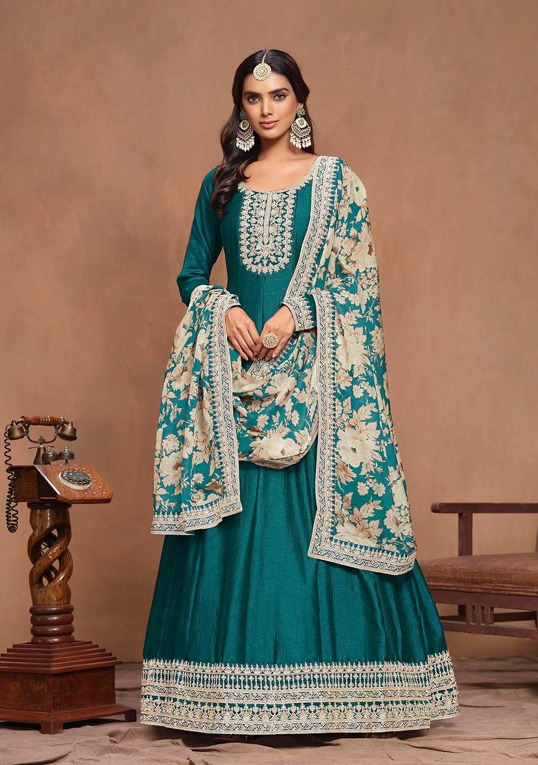 Teal Thread Embroidered Work Art Silk Anarkali Set