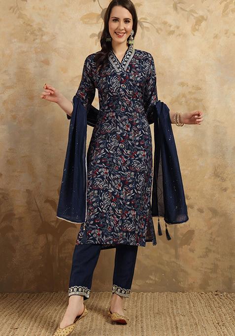 Navy Blue Floral Print Viscose Kurta Set