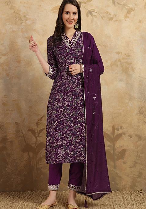 Wine Floral Print Viscose Kurta Set