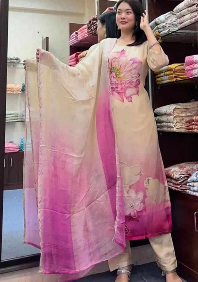 Cream Thread Work Poly Blend Kurta Set