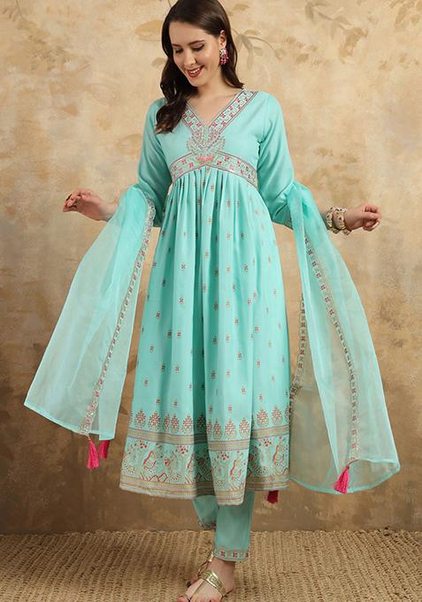 Sky Blue Thread Work Rayon Kurta Set