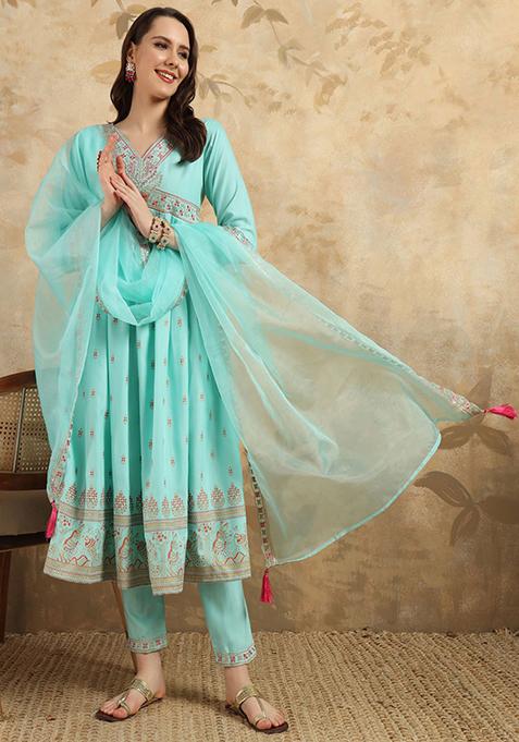 Red & Blue Half Sleeve Cotton & Rayon Kurta With Embroidery Work At Yoke main image 1