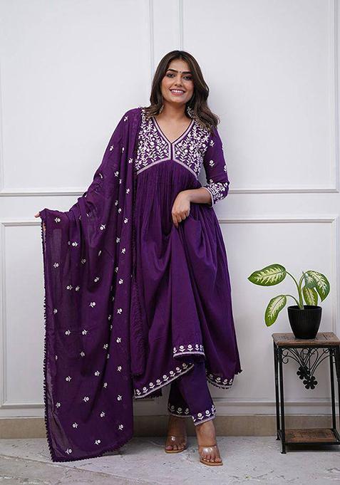 Purple Thread Work Silk Blend Kurta Set