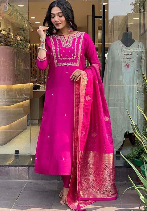 Rani Pink Thread Work Viscose Kurta Set