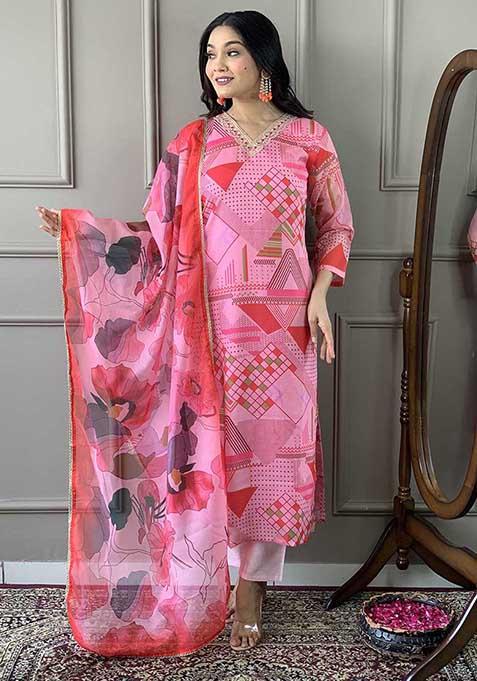 Pink Abstract Print Viscose Kurta Set