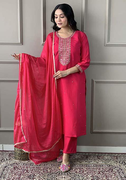 Rani Pink Thread Work Viscose Kurta Set