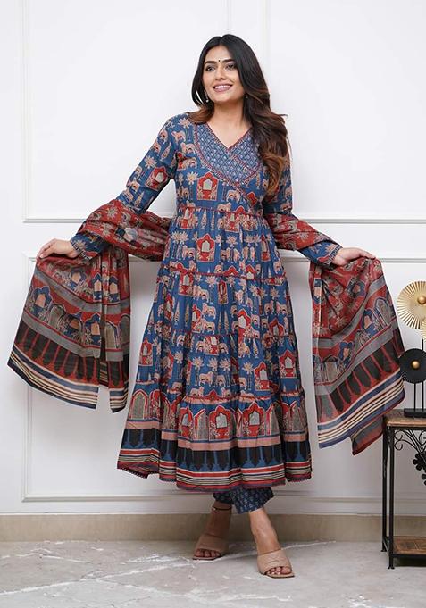 Blue Abstract Print Cotton Kurta Set