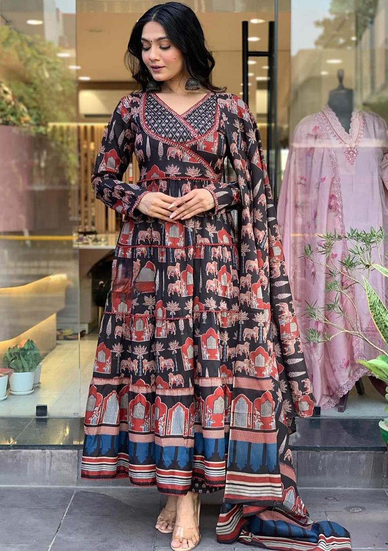 Black Abstract Print Poly Cotton Blend Anarkali Set