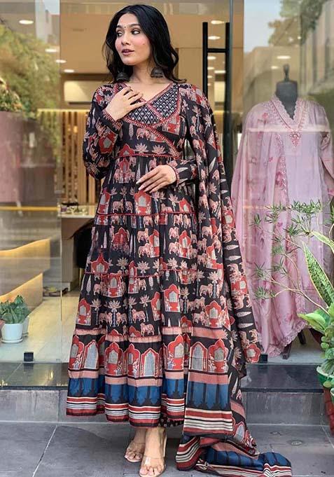 Black Abstract Print Cotton Kurta Set