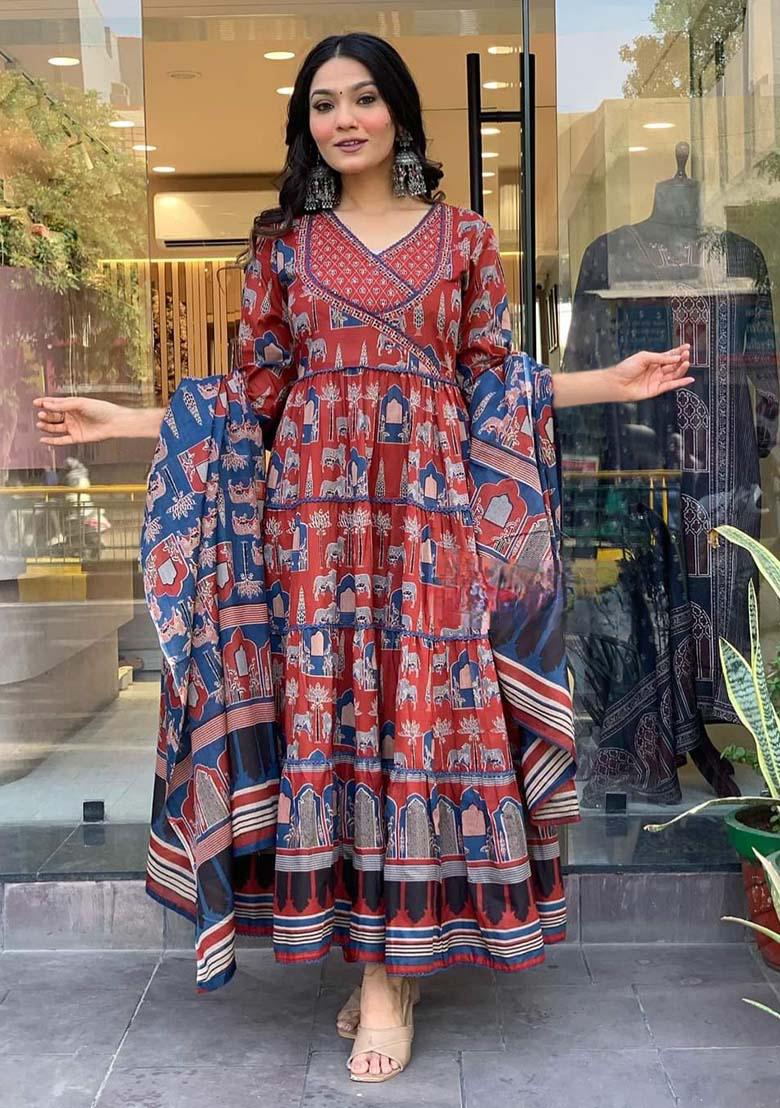 Red Abstract Print Cotton Kurta Set