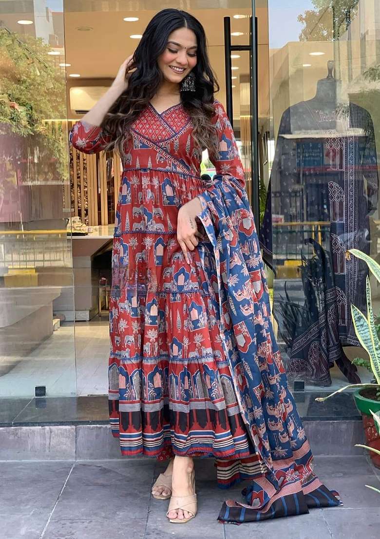 Red Abstract Print Cotton Anarkali With Dupatta - Indya