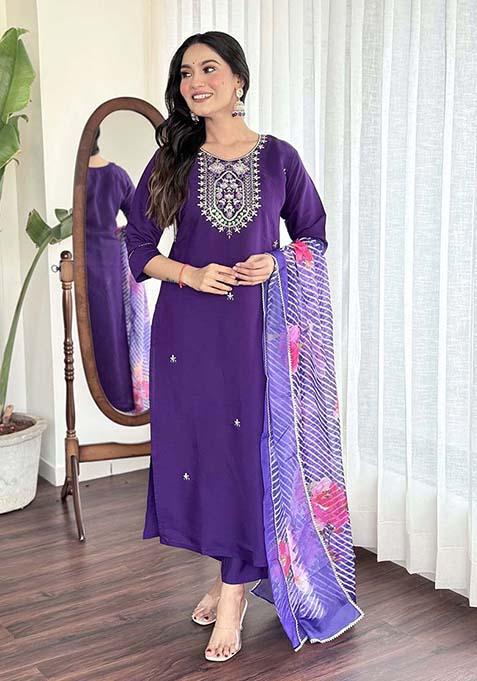 Violet Thread Work Viscose Kurta Set