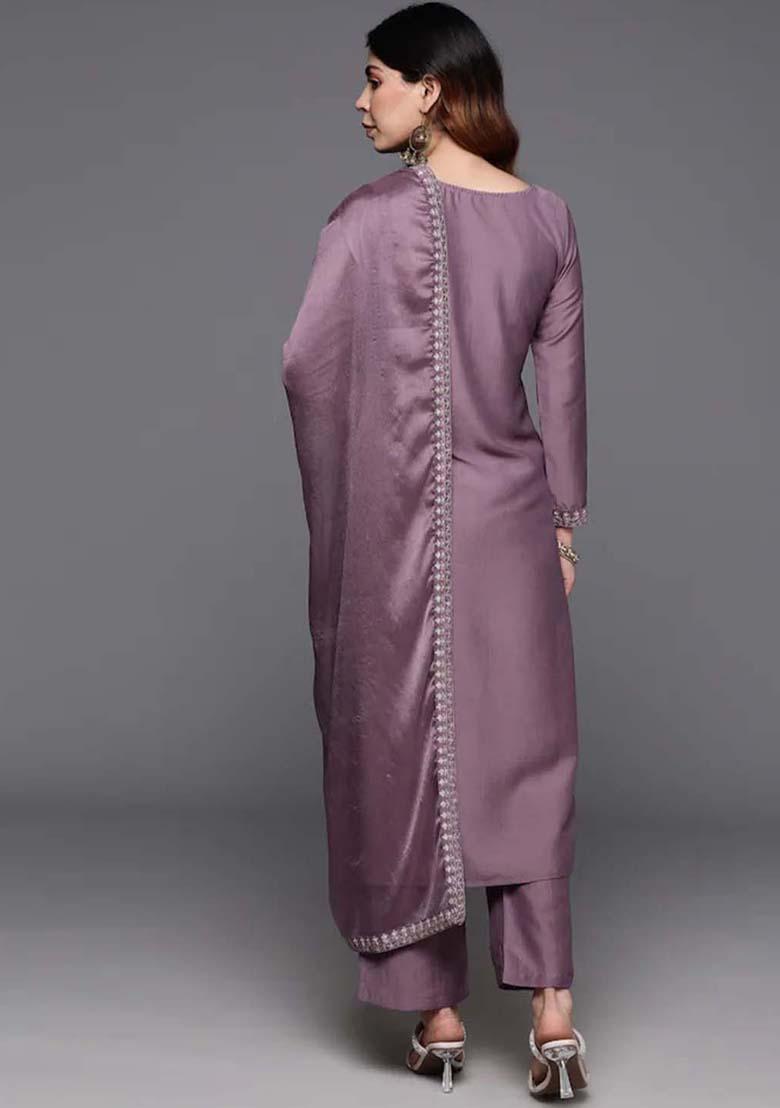 Onion Pink Embroidered Viscose Straight Kurta Set - Indya