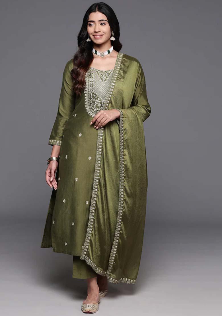 Mehendi Thread Work Viscose Kurta Set With Dupatta