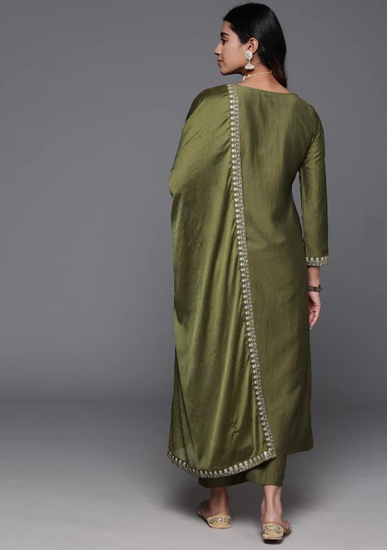 Mehendi Thread Work Viscose Kurta Set With Dupatta