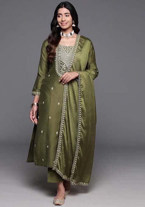 Mehendi Thread Work Viscose Kurta Set