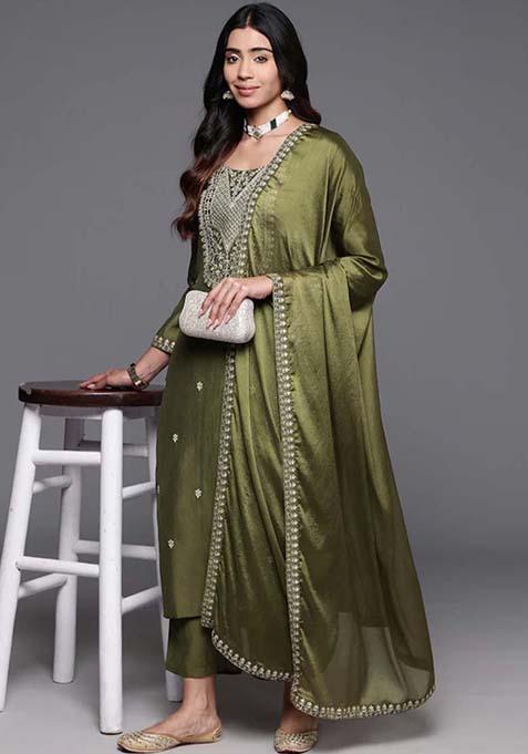 Mehendi Thread Work Viscose Kurta Set With Dupatta