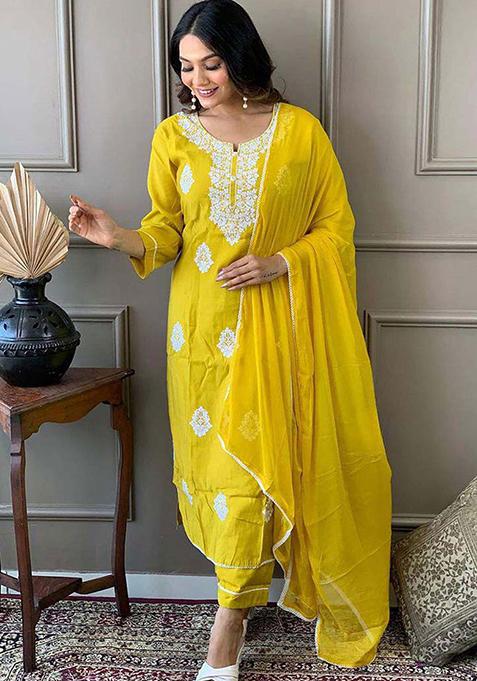 Yellow Thread Work Viscose Kurta Set