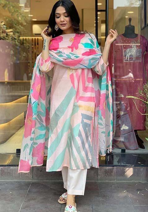 Light Pink Thread Work Rayon Kurta Set