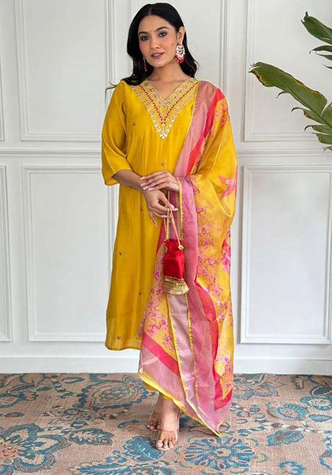 Mustard Thread Work Viscose Kurta Set