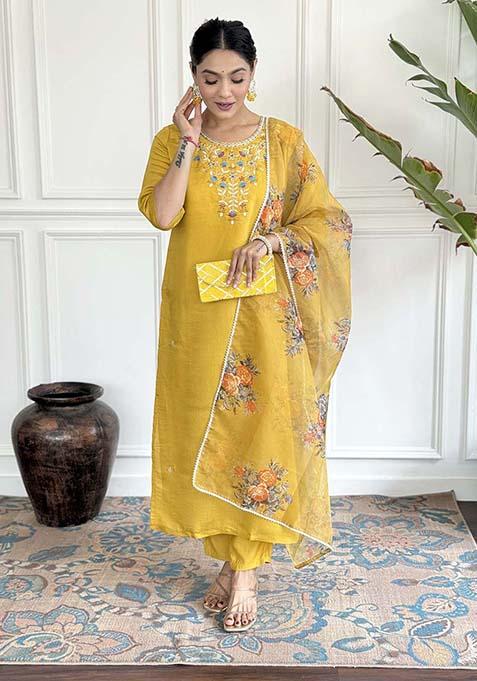 Mustard Thread Work Viscose Kurta Set