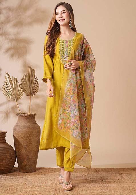 Mustard Thread Work Cotton Blend Kurta Set