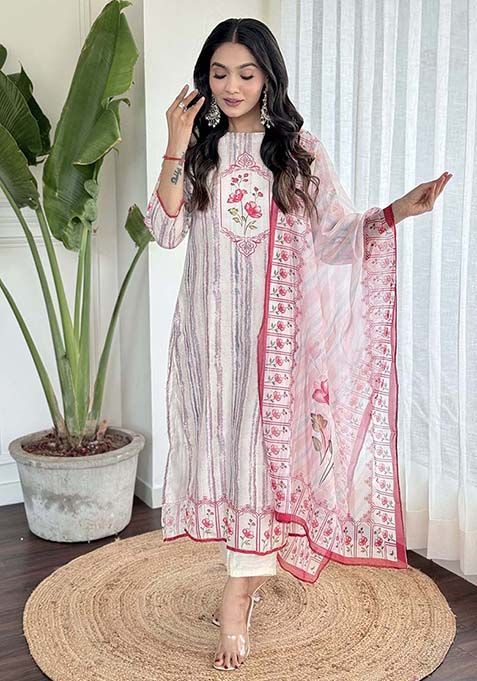 Off White Floral Print Poly Blend Kurta Set