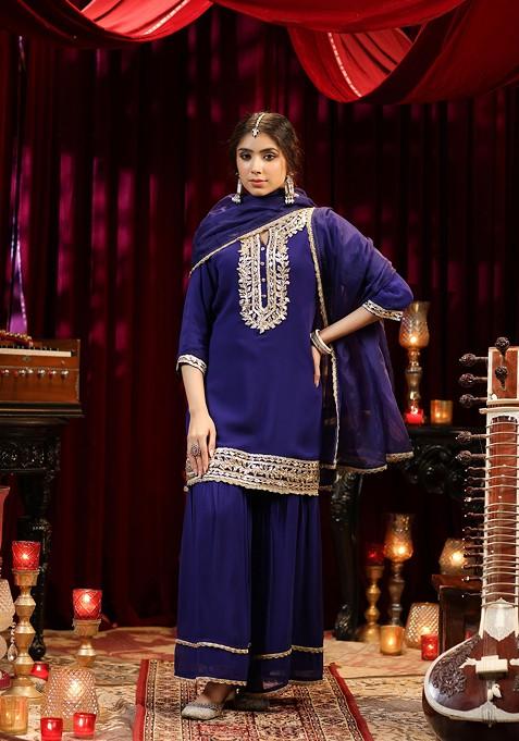 Blue Embellished Georgette Kurta Set