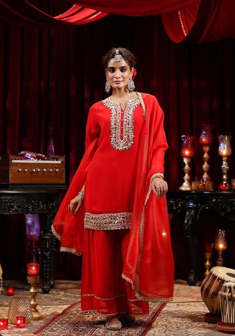 Red Embellished Georgette Kurta Set