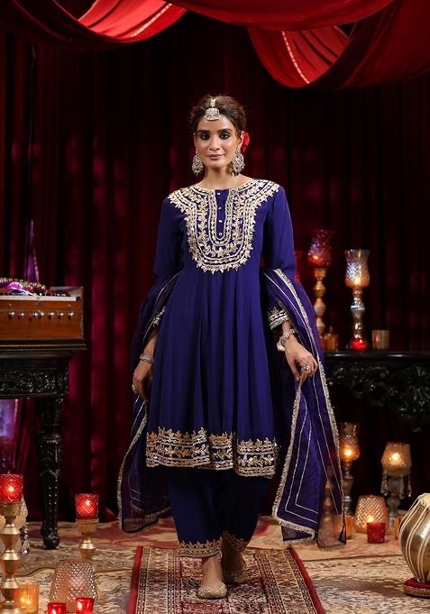 Blue Embellished Georgette Anarkali Set