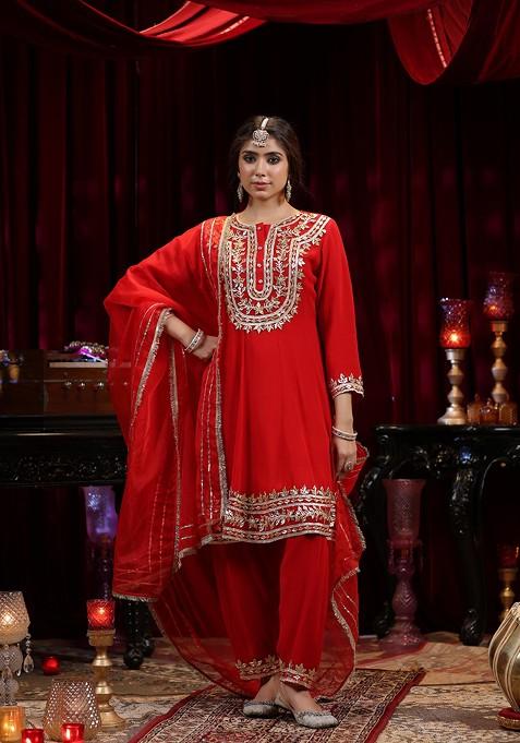 Red Embellished Georgette Anarkali Set