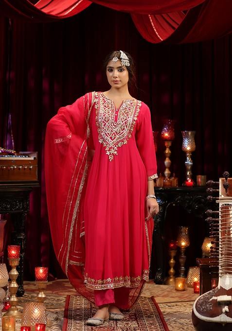 Fuchsia Embellished Georgette Anarkali Set