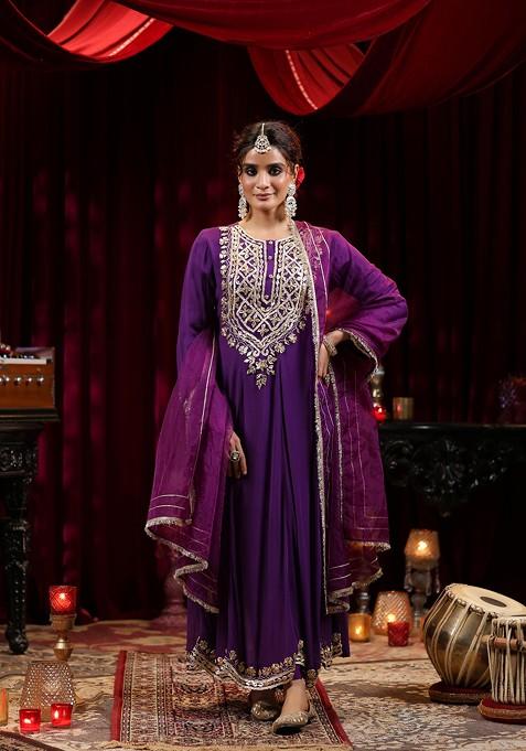 Purple Embellished Georgette Anarkali Set