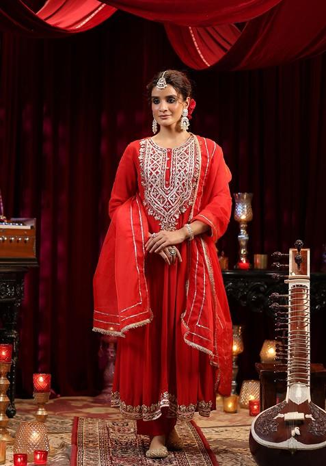 Red Embellished Georgette Anarkali Set