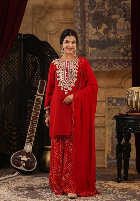 Red Embellished Georgette Kurta Set