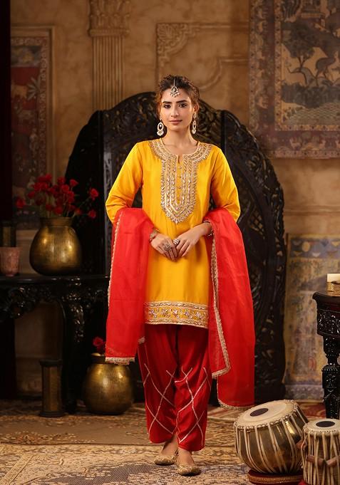 Mustard Embellished Dupion Silk Kurta Set