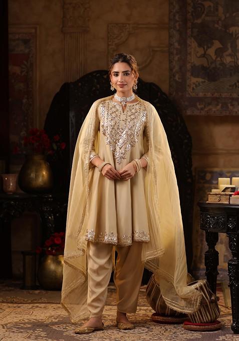 Beige Embellished Dupion Silk Anarkali Set