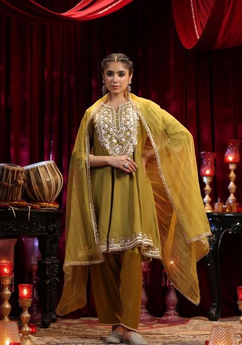 Olive Embellished Dupion Silk Anarkali Set