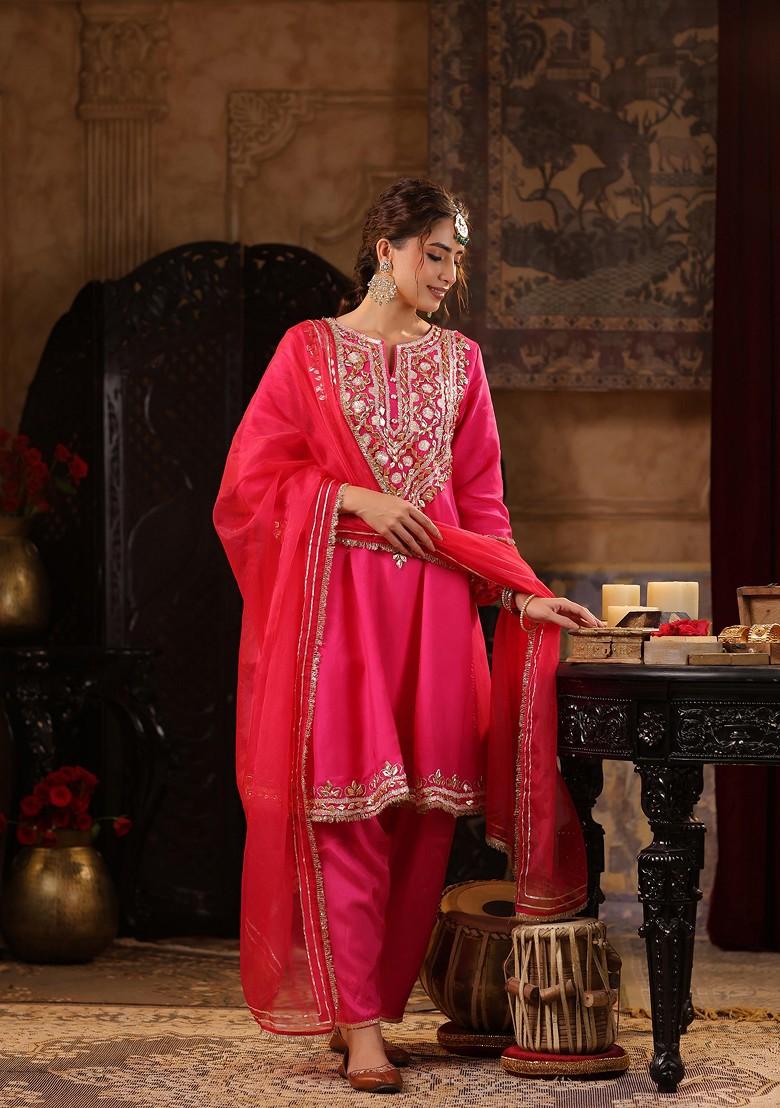 Fuchsia Embellished Dupion Silk Anarkali Set - Indya