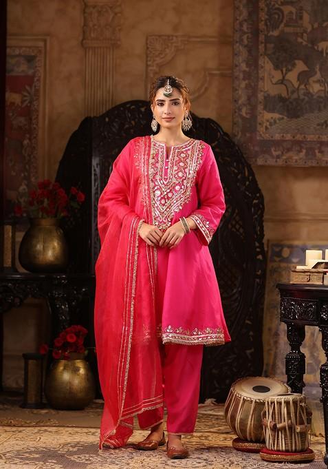 Fuchsia Embellished Dupion Silk Anarkali Set