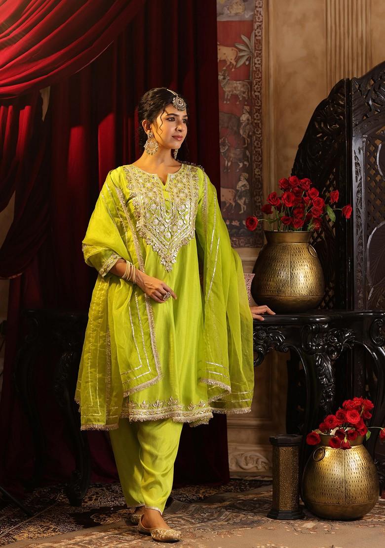Lime Green Embellished Dupion Silk Anarkali Set - Indya