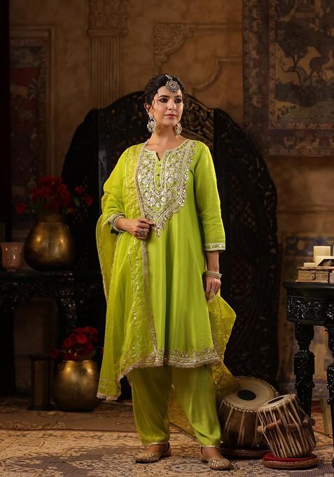 Lime Green Embellished Dupion Silk Anarkali Set