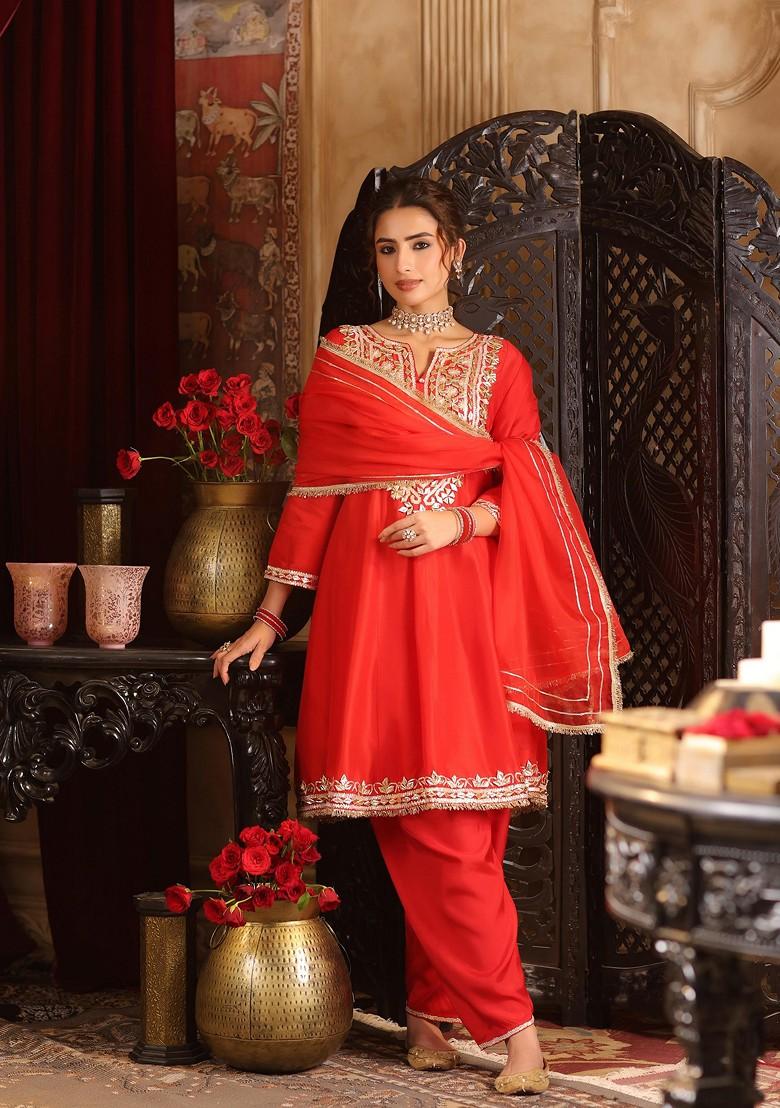 Red Embellished Dupion Silk Anarkali Set