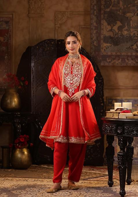 Red Embellished Dupion Silk Anarkali Set