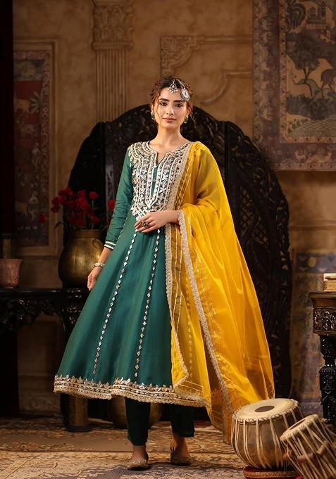 Bottle Green Embellished Dupion Silk Anarkali Set