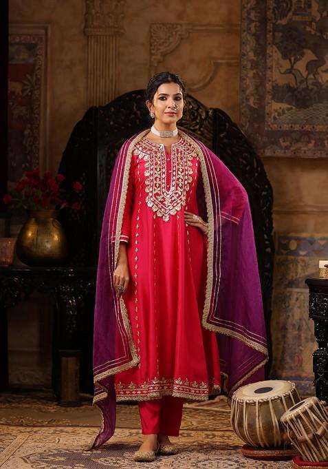 Fuchsia Embellished Dupion Silk Anarkali Set