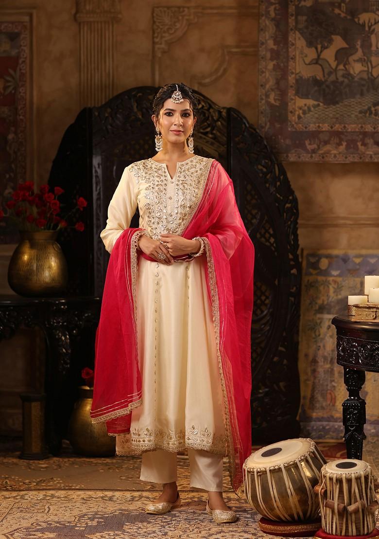 Buy Women Ivory Embellished Dupion Silk Anarkali Set